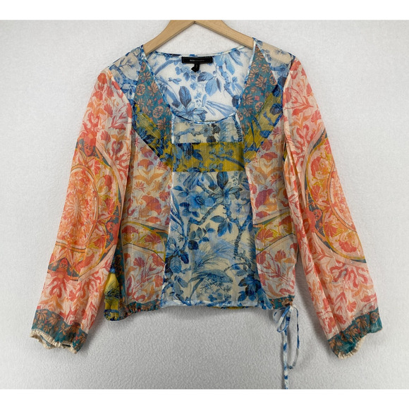 BCBGMAXAZRIA Top S Silk Sheer Floral Metallic Striped Long Sleeve Blue Orange - Picture 1 of 11